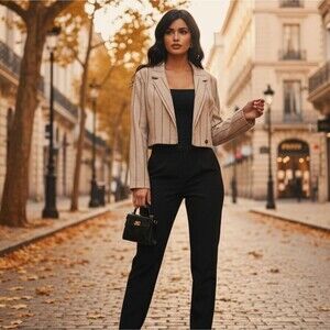 Astr Cream and Black Croped Striped Linen Blazer Preppy Modern Size M